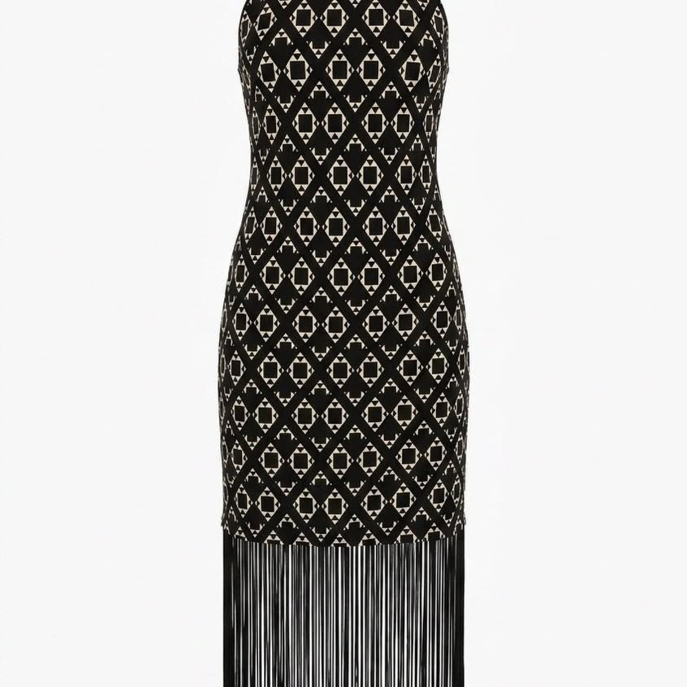 H&M Coachella Halter Dress, Black & White Geometric Print, Fringe Hem, Size 10